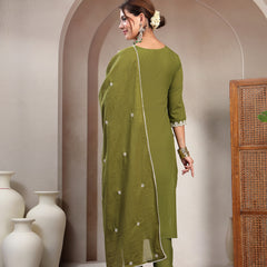 Cotton Calf Length Solid 3/4 Sleeve V-Neck Straight Kurta Suit Set