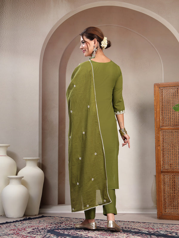 Cotton Calf Length Solid 3/4 Sleeve V-Neck Straight Kurta Suit Set