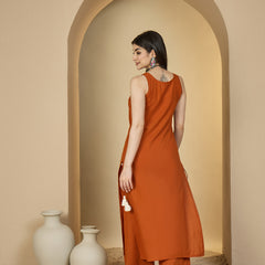 Gulmohar Jaipur Rayon Calf Length Solid Sleeveless Round Neck Straight Kurta Suit Set