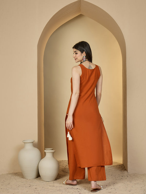 Gulmohar Jaipur Rayon Calf Length Solid Sleeveless Round Neck Straight Kurta Suit Set