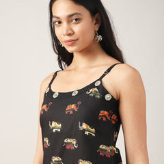 Rayon Calf Length Printed Sleeveless Strappy Straight Kurta