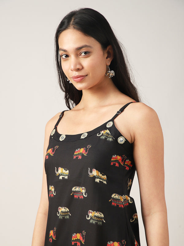 Rayon Calf Length Printed Sleeveless Strappy Straight Kurta