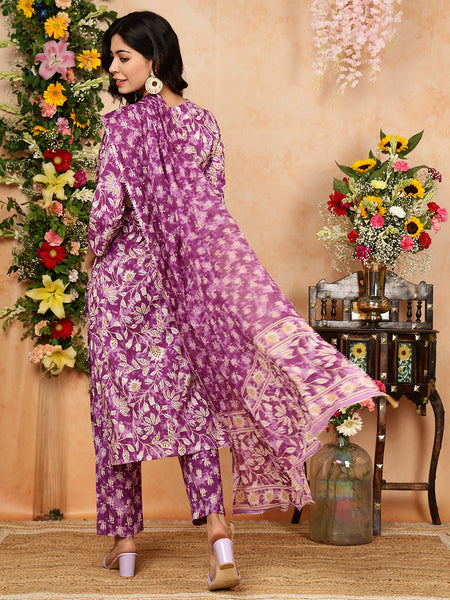 Purple Cotton Calf Length Printed V-Neck Straight Kurta Suit Set