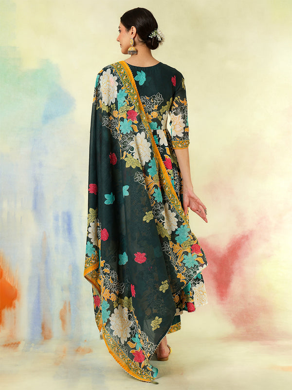 Blue Pure Cotton Printed Hand-Work Anarkali Kurta Suit Set