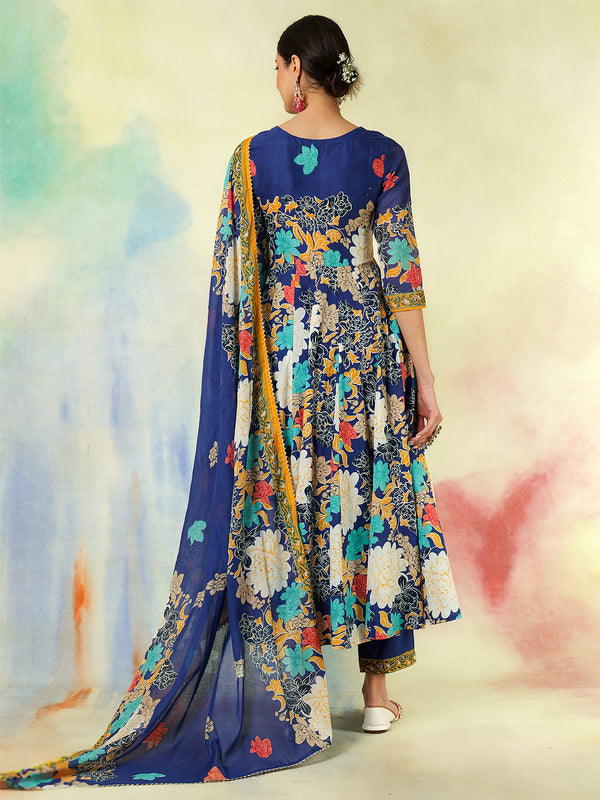 Blue Pure Cotton Printed Hand-Work Anarkali Kurta Suit Set