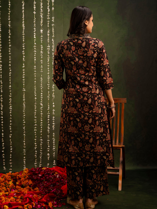 Black Cotton Calf Length Printed A-Line V-Neck Kurta Palazzo Set