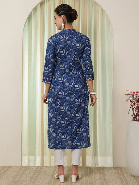 Indigo Cotton Calf Length Printed Straight V-Neck Kurta