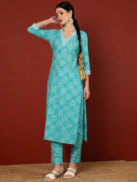 Cotton Calf Length Printed Straight 3/4 Sleeves V-Neck Kurta Bottom Dupatta Set