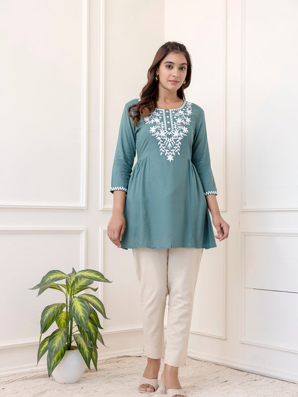 Skyblue Rayon Hip Length Solid Round Neck Solid Embroidered Straight Top