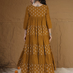 Cotton Calf Length Printed 3/4 Sleeves Key Hole Neck Flared Kurta