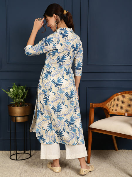 Blue Cotton Flex Calf Length Printed Shirt Coller Straight Kurta