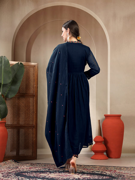 Gulmohar Jaipur Cotton Calf Length Solid Full Sleeves Anrakha Neck Flared Kurta Suit Set