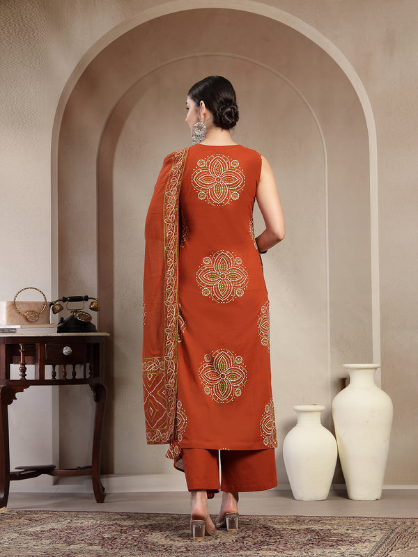 Gulmohar Jaipur Cotton Calf Length Printed Sleeveless Round Neck Straight Kurta Suit Set