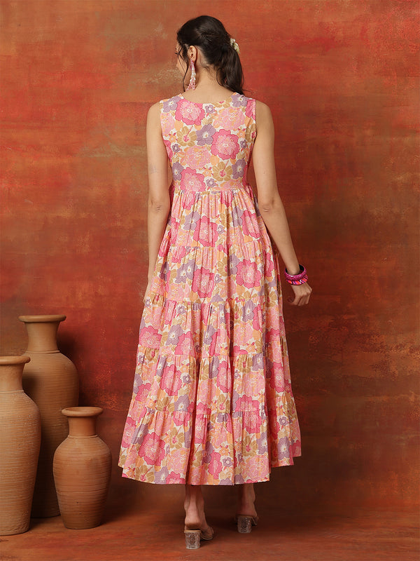 Pink Pure Cotton Calf Length Solid  Sweetheart Neck Flared Kurta