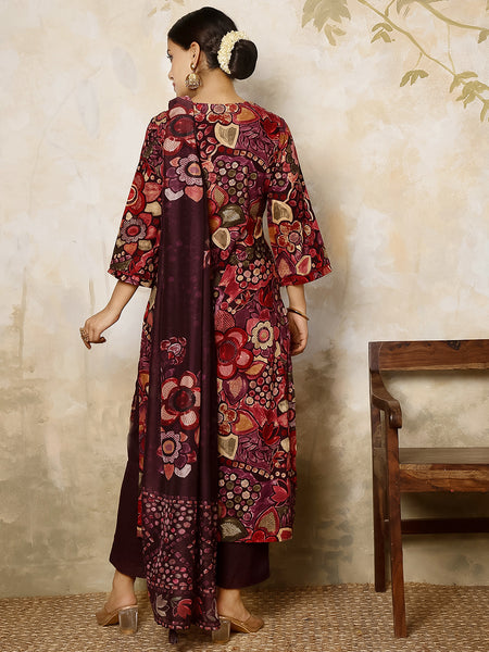 Maroon Rayon Calf Length Printed Round Flared Kurta Suit Set