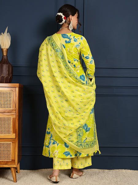 Lime Cotton Calf Length Printed V-Neck Flared Kurta Suit Set