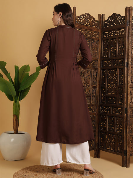 Brown Rayon Calf Length Solid A-Line Mandarin Neck Kurta