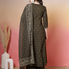 Cotton Calf Length Printed 3/4 Sleeves Round Neck Semi-Flared Kurta Suit Set