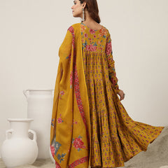 Cotton Calf Length Printed Full Sleeve V-Neck Flared Kurta Suit Set