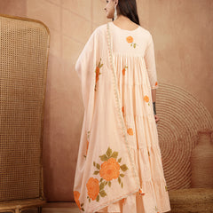 Gulmohar Jaipur Malmal Calf Length Printed 3/4 Sleeves Round Neck Anarkali Kurta Suit Set