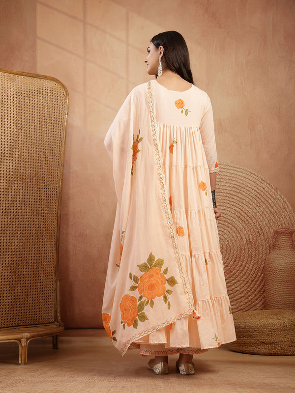Gulmohar Jaipur Malmal Calf Length Printed 3/4 Sleeves Round Neck Anarkali Kurta Suit Set
