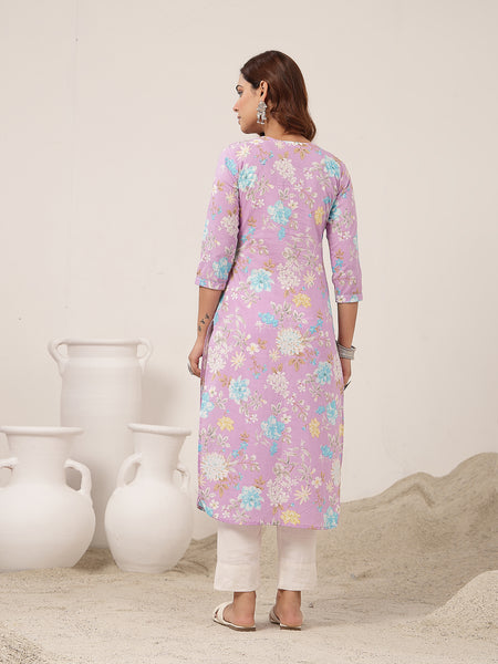 Cotton Calf Length Printed 3/4 Sleeve Round Neck Straight Kurta