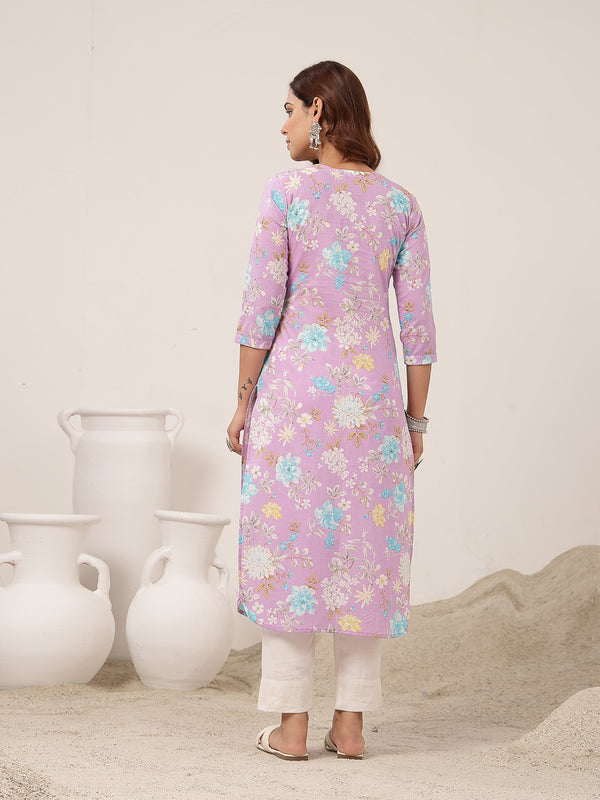 Cotton Calf Length Printed 3/4 Sleeve Round Neck Straight Kurta