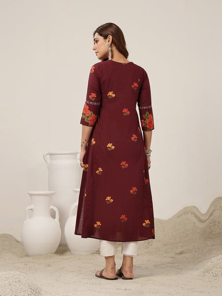 Rayon Calf Length Printed 3/4 Sleeve V-Neck Flared Kurta
