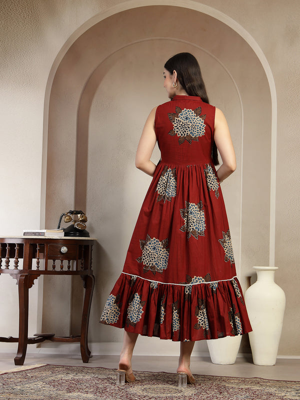 Gulmohar Jaipur Cotton Calf Length Printed Sleeveless Collard Neck Flared Kurta