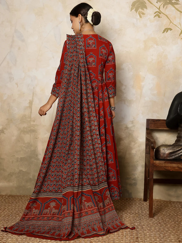 Cotton Calf Length Printed V-Neck Anarkali Kurta Suit Set