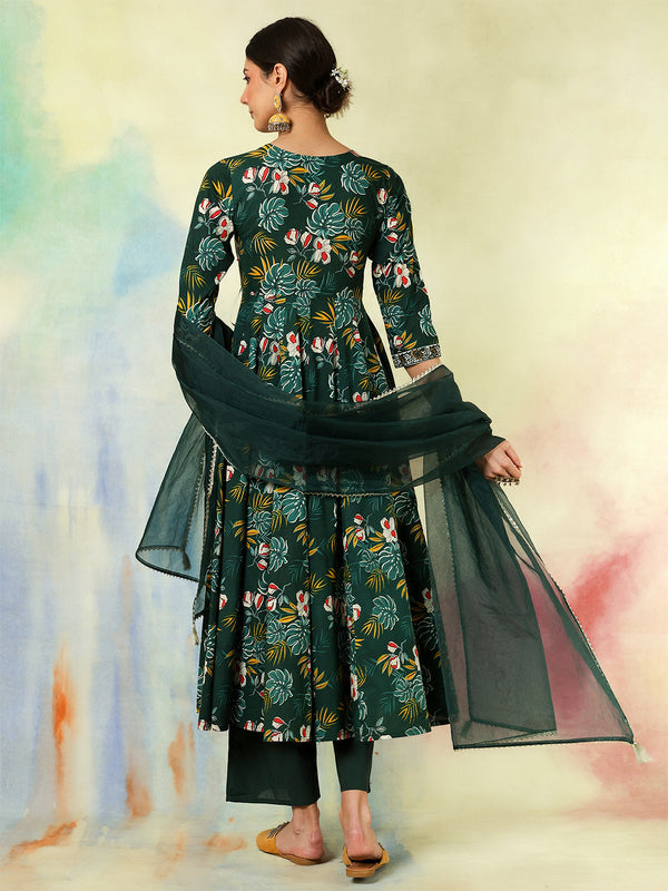 Black Pure Cotton Printed hand-Work Anarkali Kurta Suit Set