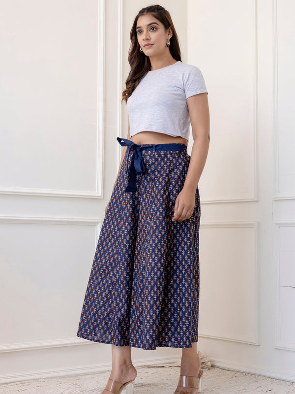 Blue Cotton Calf Length Printed Flared Palazzo