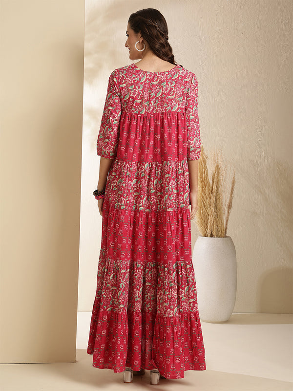 Pink Pure Cotton Printed 3/4 Sleeves Key Hole Neck Anarkali Gown