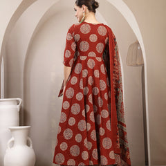 Gulmohar Jaipur Cotton Calf Length Printed 3/4 Sleeve V-Neck Anarkali Kurta Suit Set