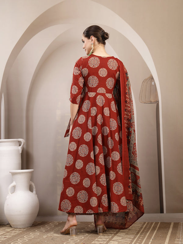 Gulmohar Jaipur Cotton Calf Length Printed 3/4 Sleeve V-Neck Anarkali Kurta Suit Set