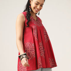 Cotton Hip Length Printed Sleeveless V-Neck Flared Top