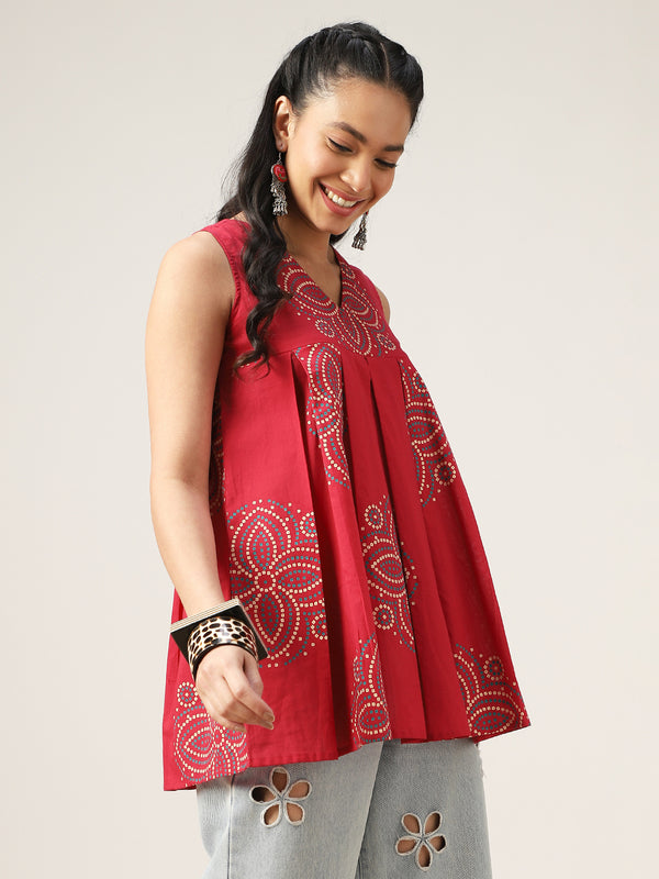 Cotton Hip Length Printed Sleeveless V-Neck Flared Top