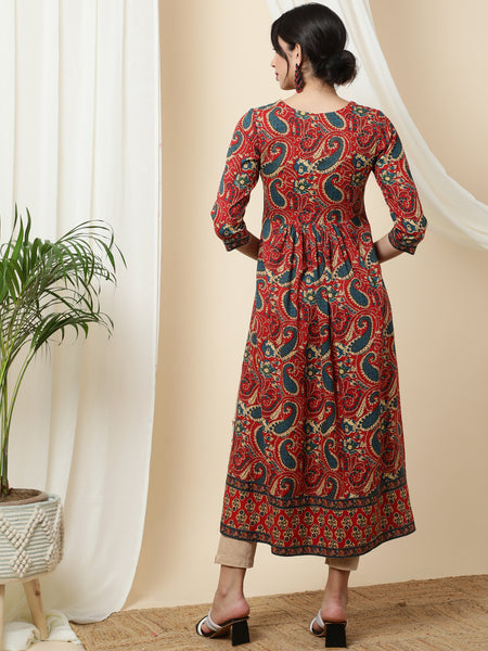Rayon Calf Length Printed Semi-Flared 3/4 Sleeves Round Kurta