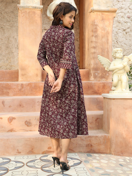Wine Cotton Calf Length Printed A-Line V-Neck Kurta