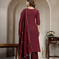 Cotton Calf Length Solid 3/4 Sleeve V-Neck Straight Kurta Suit Set