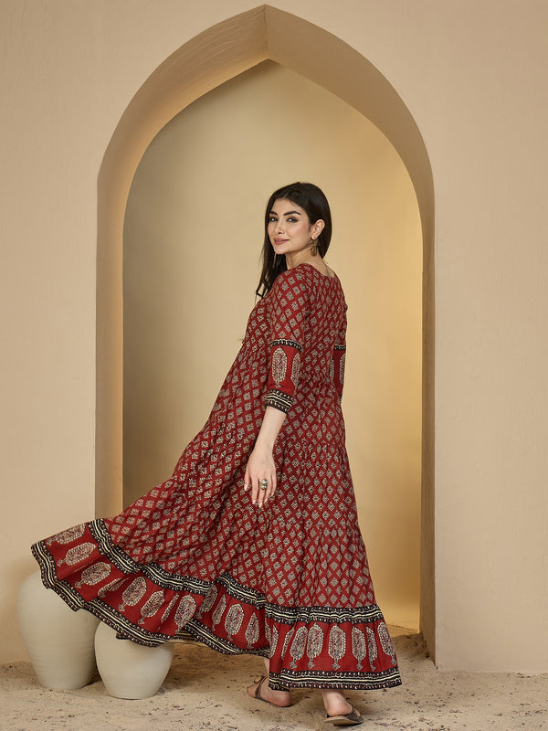Gulmohar Jaipur Cotton Ankle Length Printed 3/4 Sleeves V-Neck Anarkali Kurta