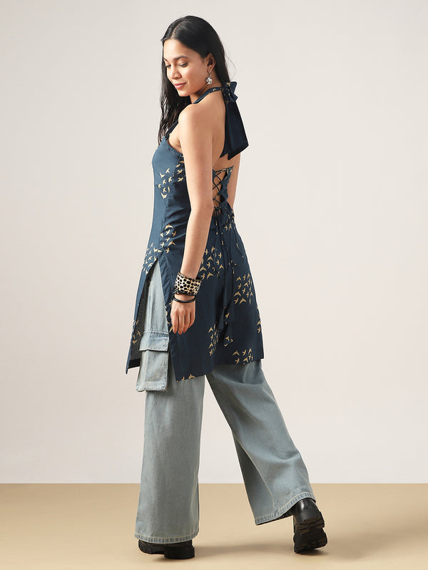 Rayon Mid Length Printed Sleeveless V-Neck Straight Kurta