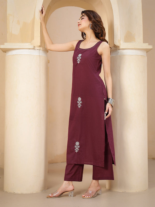 Gulmohar Jaipur Rayon Calf Length Solid Sleeveless Round Neck Straight Kurta Suit Set