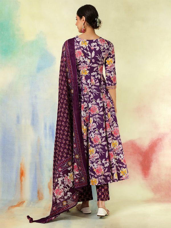 Black Pure Cotton Printed Embroidered Anarkali Kurta Suit Set