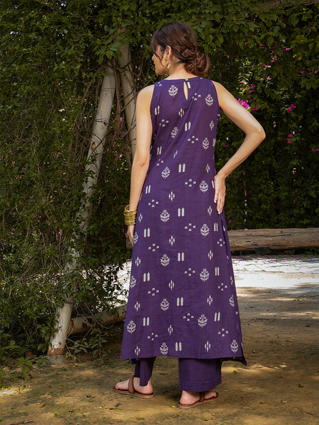 Gulmohar Jaipur Rayon Calf Length Printed Sleeveless Round Neck A-Line Kurta Suit Set