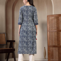Gulmohar Jaipur Cotton Calf Length Printed 3/4 Sleeves V-Neck Straight Kurta