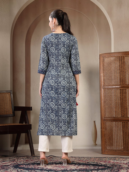 Gulmohar Jaipur Cotton Calf Length Printed 3/4 Sleeves V-Neck Straight Kurta