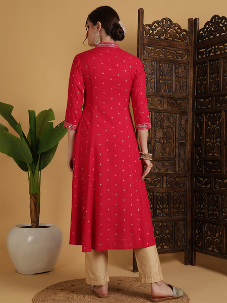 Coral Rayon Calf Length Solid Semi-Flared V-Neck Kurta