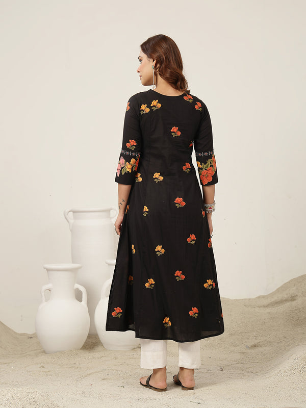 Rayon Calf Length Printed 3/4 Sleeve V-Neck Flared Kurta