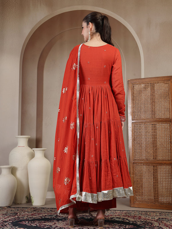 Gulmohar Jaipur Malmal Calf Length Solid Full Sleeves Anrakha Neck Anarkali Kurta Suit Set